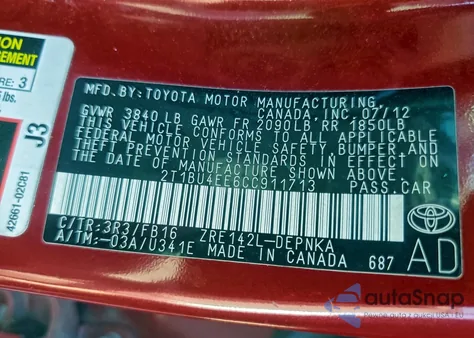 2012 Toyota Corolla Base z USA, uszkodzony, nr VIN 2T1BU4EE6CC911713